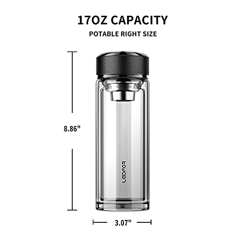 LEIDFOR Tea Tumbler with Infuser - BPA Free Double Wall Glass Travel Tea Mug With Stainless Steel Filter - Leakproof Tea Bottle with Strainer for Loose Leaf Tea and Fruit Water 17 oz