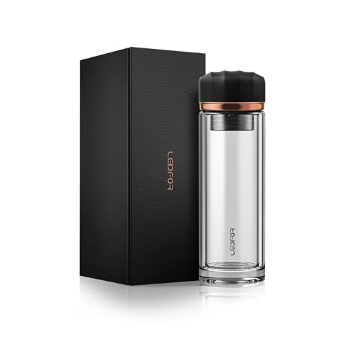 LEIDFOR Tea Infuser Bottle - BPA Free Double Wall Glass Travel Tea Mug With Stainless Steel Filter - Leakproof Tea Tumbler with Strainer for Loose Leaf Tea and Fruit Water