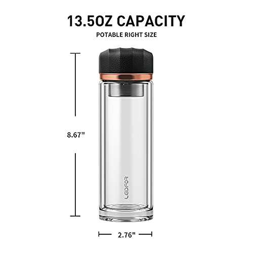 LEIDFOR Tea Infuser Bottle - BPA Free Double Wall Glass Travel Tea Mug With Stainless Steel Filter - Leakproof Tea Tumbler with Strainer for Loose Leaf Tea and Fruit Water