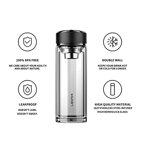 LEIDFOR Tea Tumbler with Infuser - BPA Free Double Wall Glass Travel Tea Mug With Stainless Steel Filter - Leakproof Tea Bottle with Strainer for Loose Leaf Tea and Fruit Water 17 oz